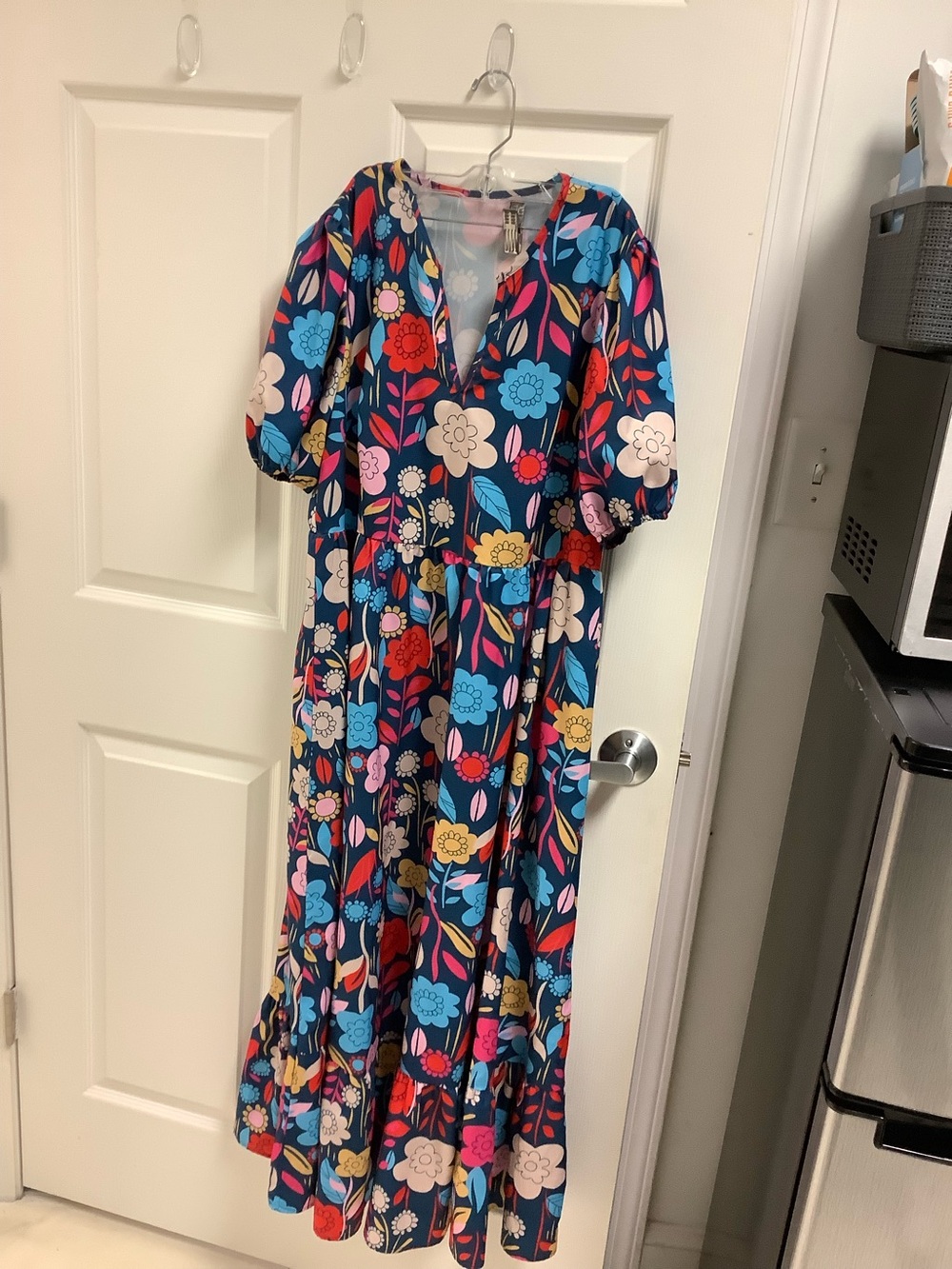 SHEIN Navy Blue Floral Puff Sleeve Maxi Dress